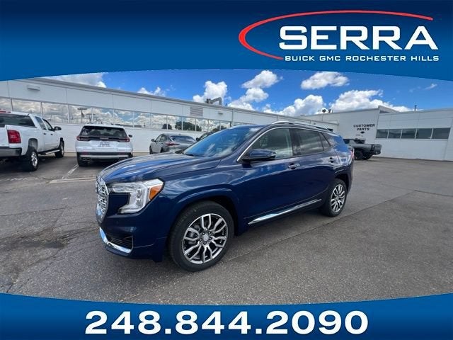 2023 GMC Terrain Denali in Marine Metallic — front three-quarter view